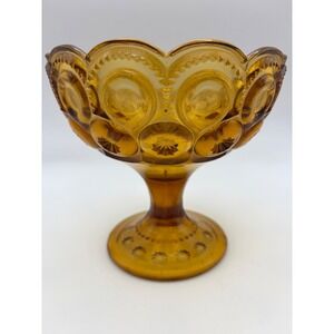 Vintage LE Smith Amber Glass Moon & Star Pedestal Compote Candy Dish Celestial